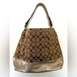 Coach Signature Khaki Canvas Gold Leather Shoulder Tote 2156
